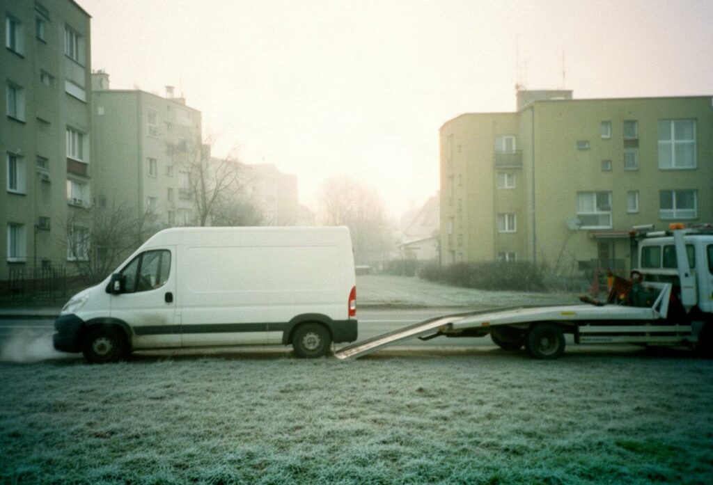 Biały bus dostawczy obok lawety na osiedlowej ulicy w mroźny poranek