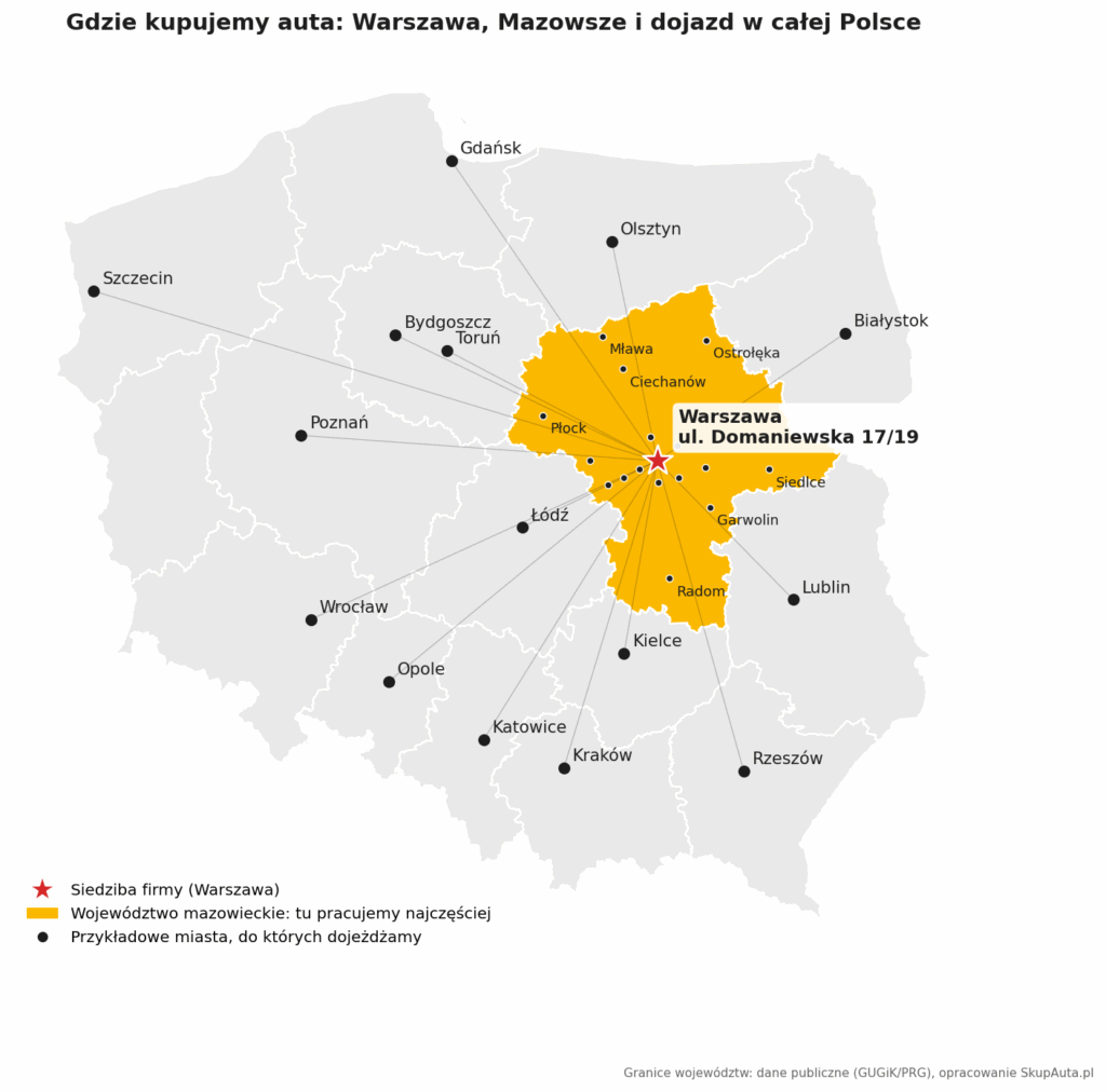 Mapa Polski z zaznaczonym zasięgiem skupu aut: Warszawa i okolice, województwo mazowieckie oraz duże miasta w innych regionach