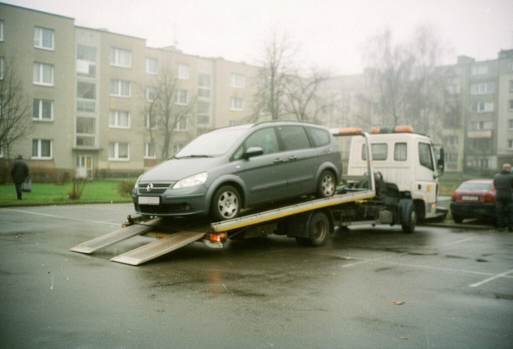 Minivan wciągany na lawetę na osiedlowym parkingu w pochmurny dzień