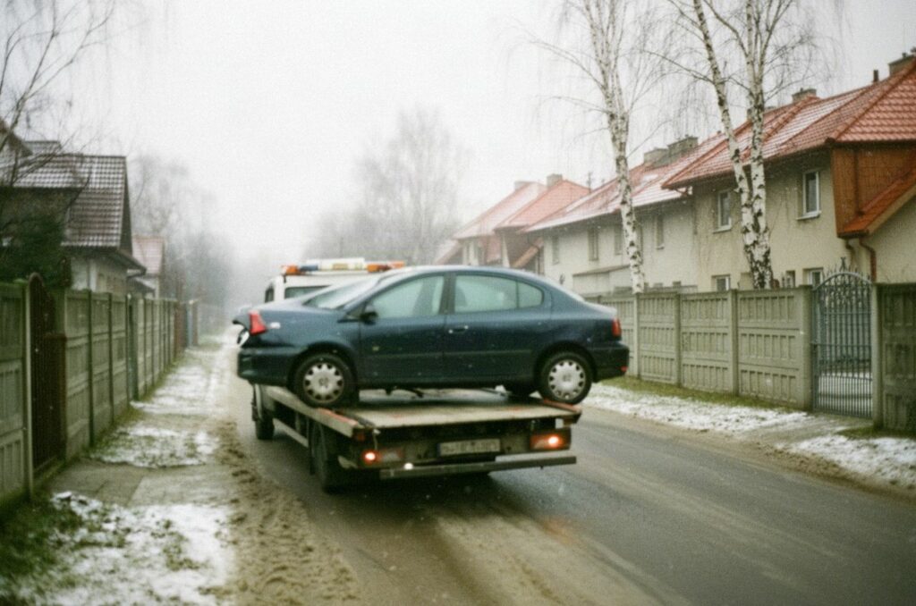 Granatowy sedan na lawecie na ulicy z domami jednorodzinnymi przy lekkim śniegu