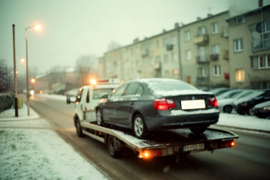 Ciemny sedan na lawecie na zaśnieżonej ulicy osiedla o zmierzchu