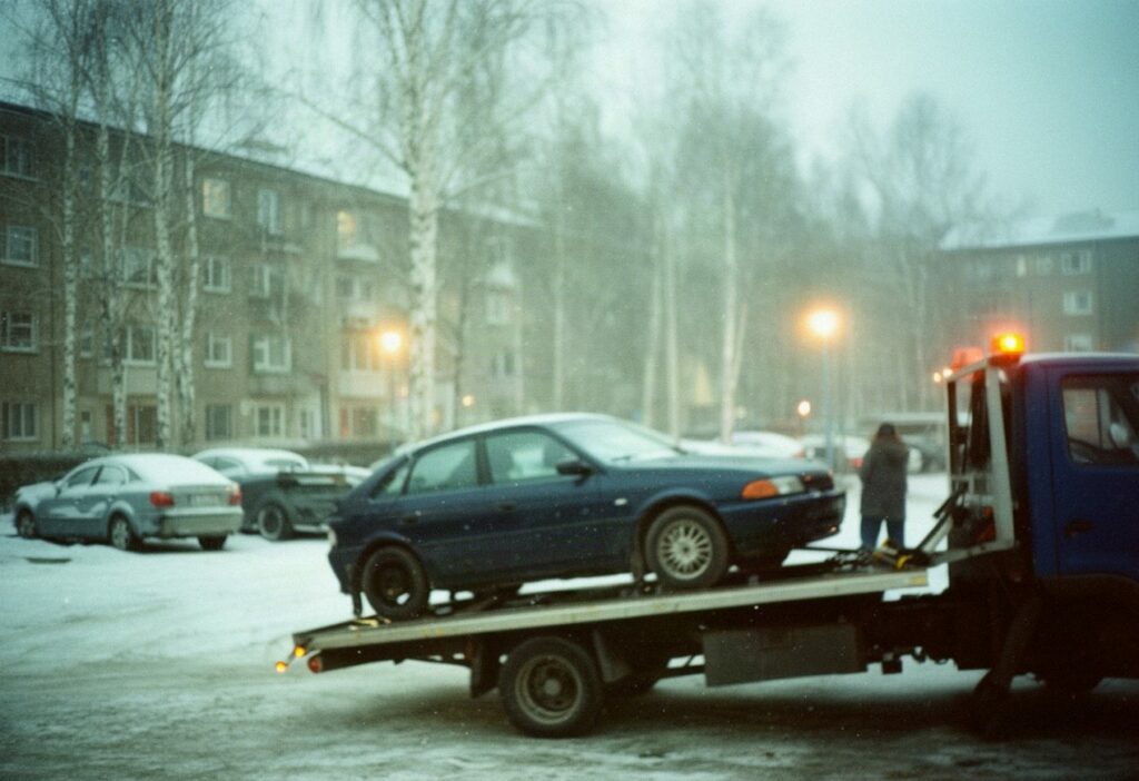 Ciemny sedan wciągany na lawetę na zaśnieżonym parkingu osiedlowym o świcie