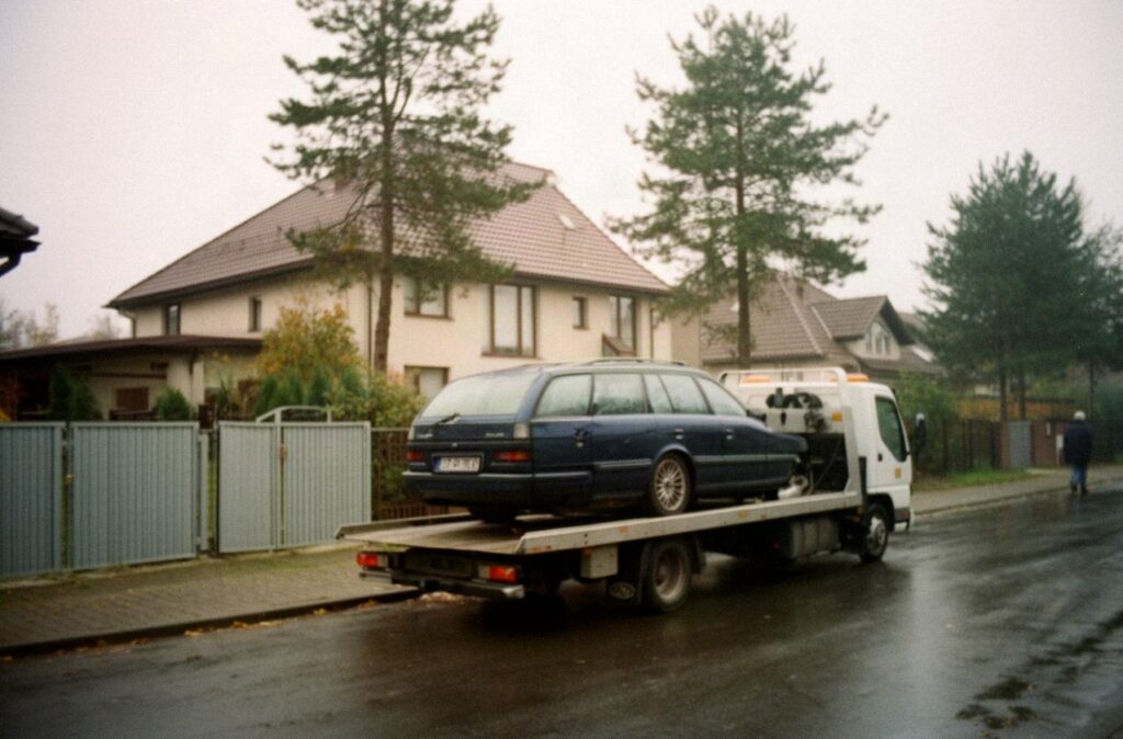 Granatowe kombi na lawecie przy ulicy z domami jednorodzinnymi w pochmurny dzień
