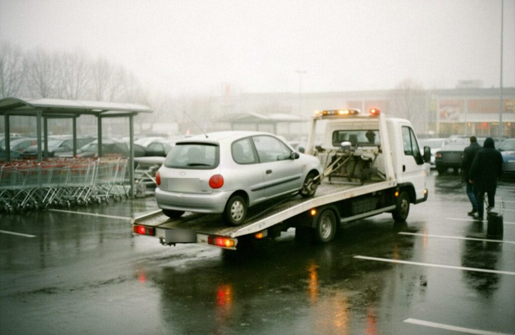 Srebrny kompakt wciągany na lawetę na mokrym parkingu przy markecie w deszczowe popołudnie