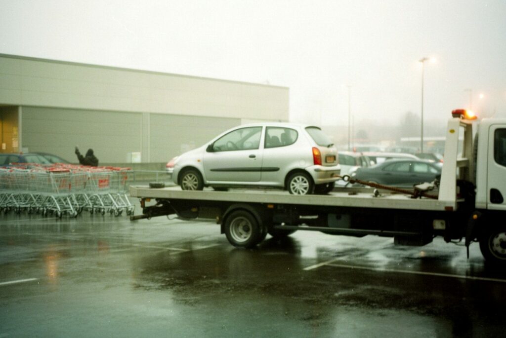 Srebrny kompakt na lawecie na mokrym parkingu przy markecie w deszczowe popołudnie
