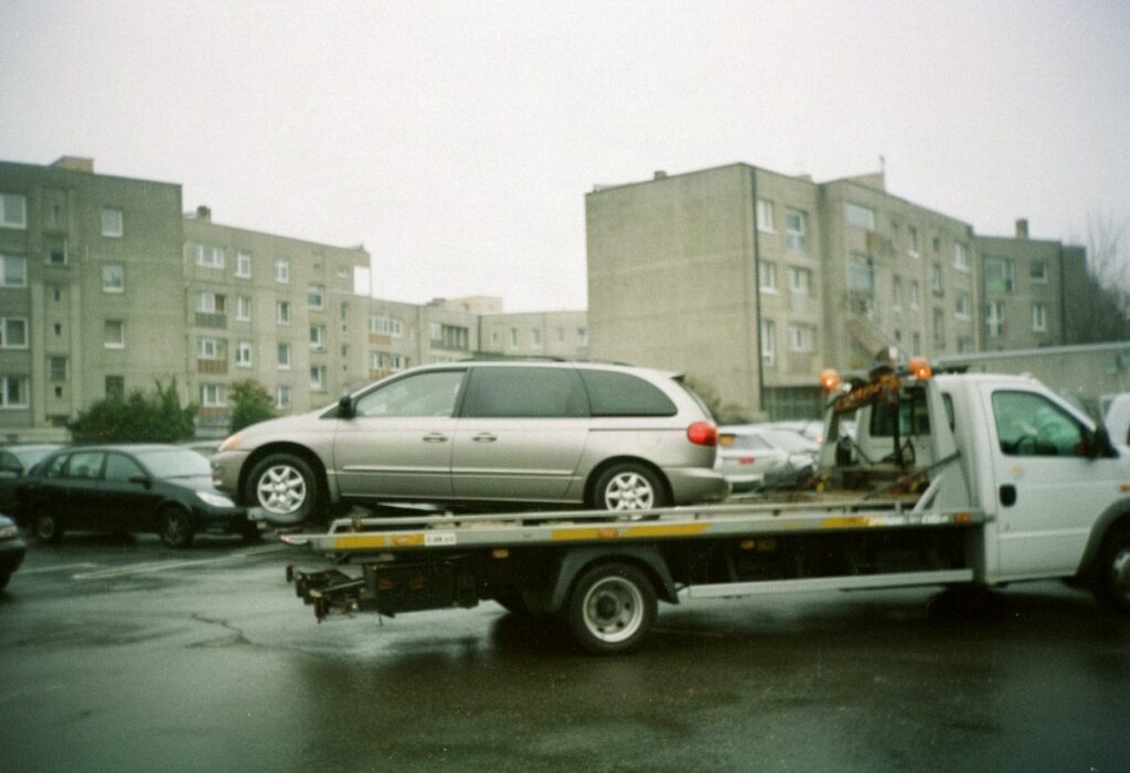 Srebrny minivan na lawecie na parkingu między blokami w pochmurny dzień