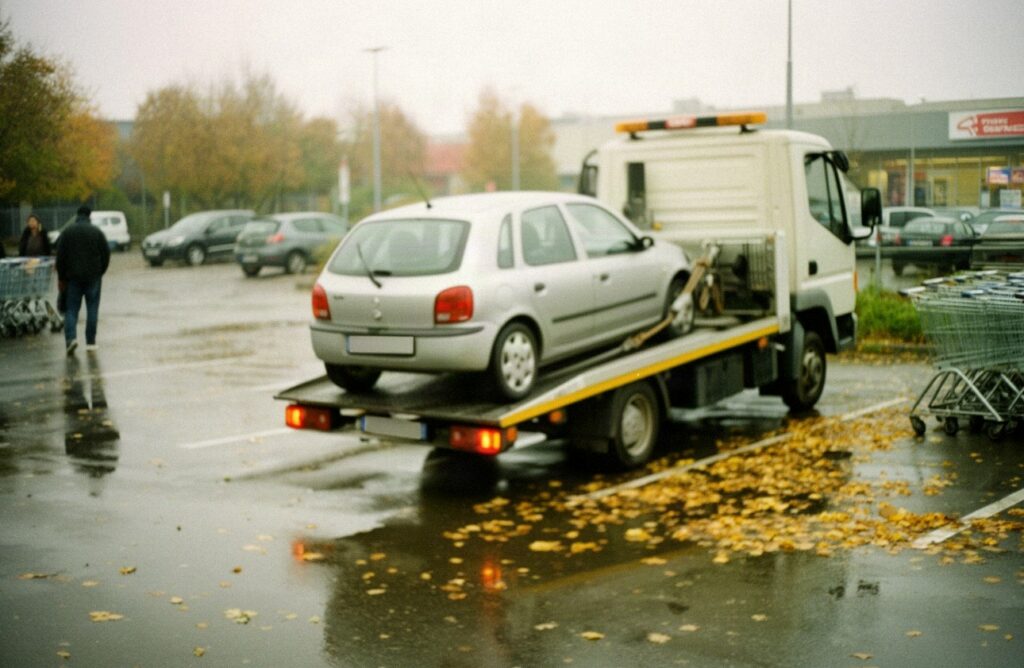 Srebrny kompakt wciągany na lawetę na mokrym parkingu przy markecie w pochmurne jesienne popołudnie