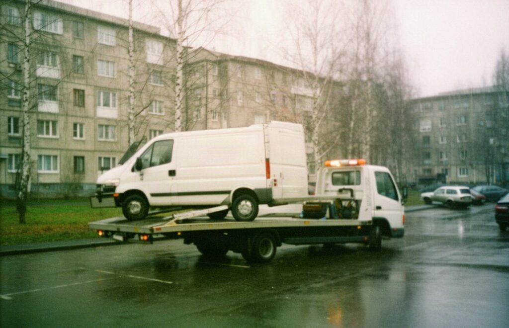 Biały samochód dostawczy na lawecie na parkingu między blokami, mokry asfalt po deszczu