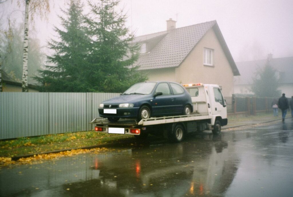 Granatowy hatchback na lawecie przy ogrodzeniu domu jednorodzinnego, mokra jezdnia o poranku