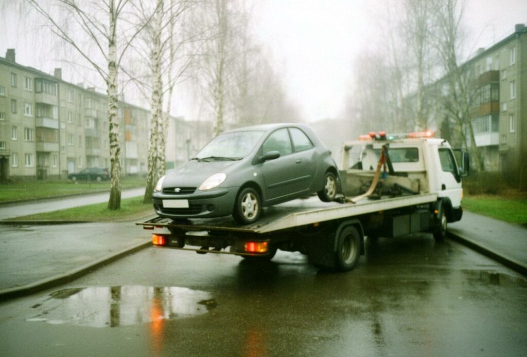 Szary hatchback wciągany na lawetę na mokrej osiedlowej ulicy o poranku