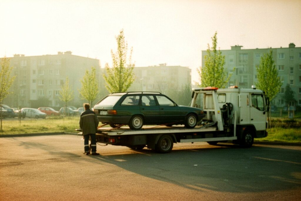 Kombi wciągane na lawetę na parkingu osiedlowym w słoneczne popołudnie