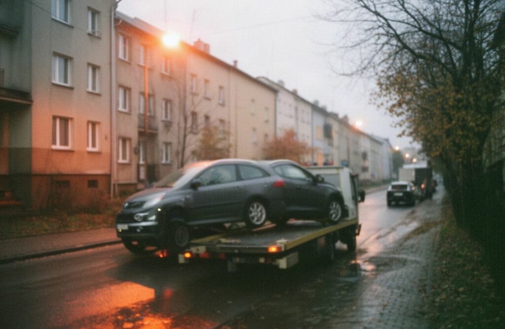 Ciemnoszary samochód osobowy na lawecie na mokrej ulicy między blokami o zmierzchu