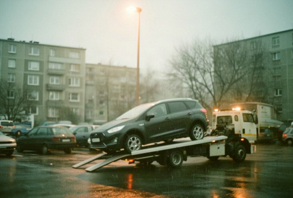 SUV wciągnięty na lawetę wieczorem na osiedlowym parkingu pod latarnią