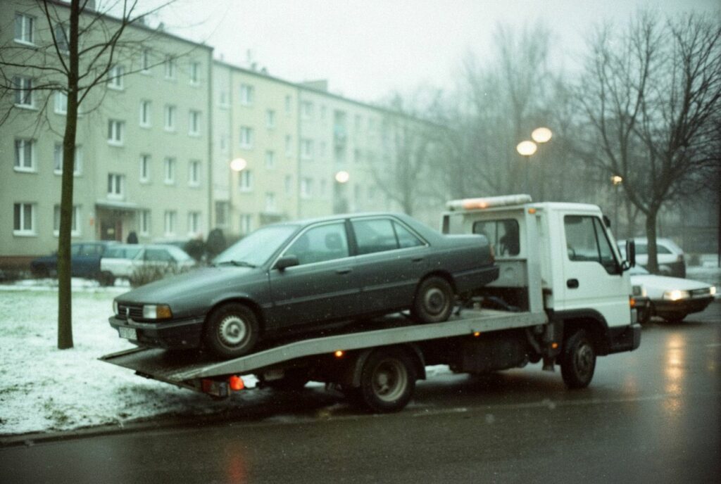 Ciemny sedan na lawecie pomocy drogowej przy osiedlowej ulicy w zimowy poranek