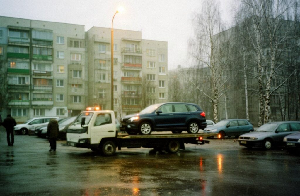 Granatowy SUV na lawecie pomocy drogowej na parkingu między blokami, wieczór po deszczu
