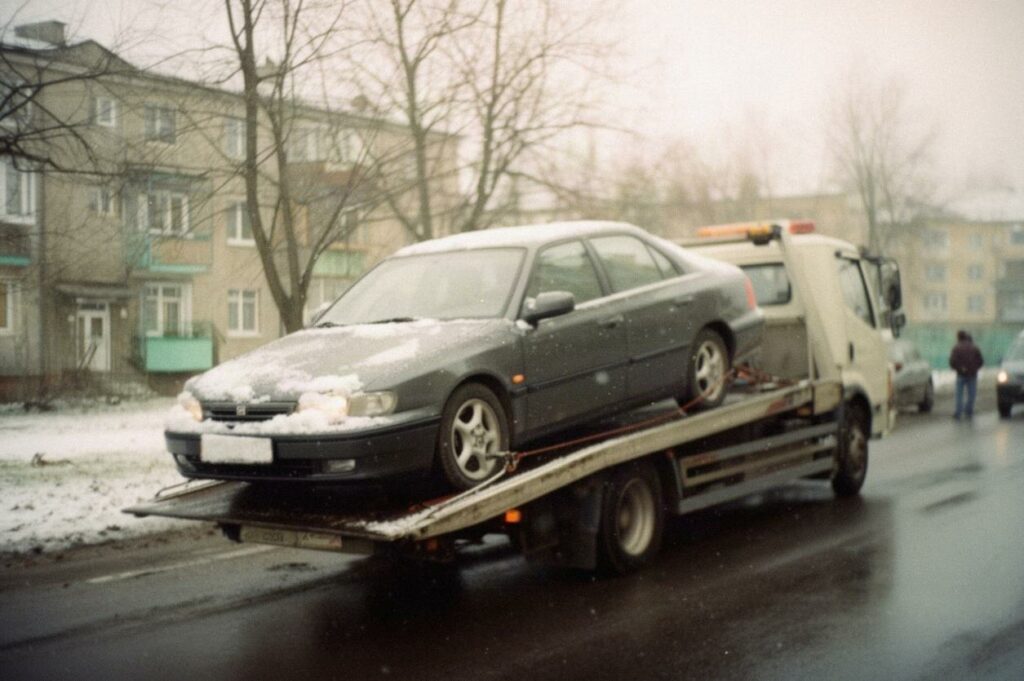 Ciemnoszary sedan wciągany na lawetę na osiedlowej ulicy w zimowy poranek z lekkim śniegiem