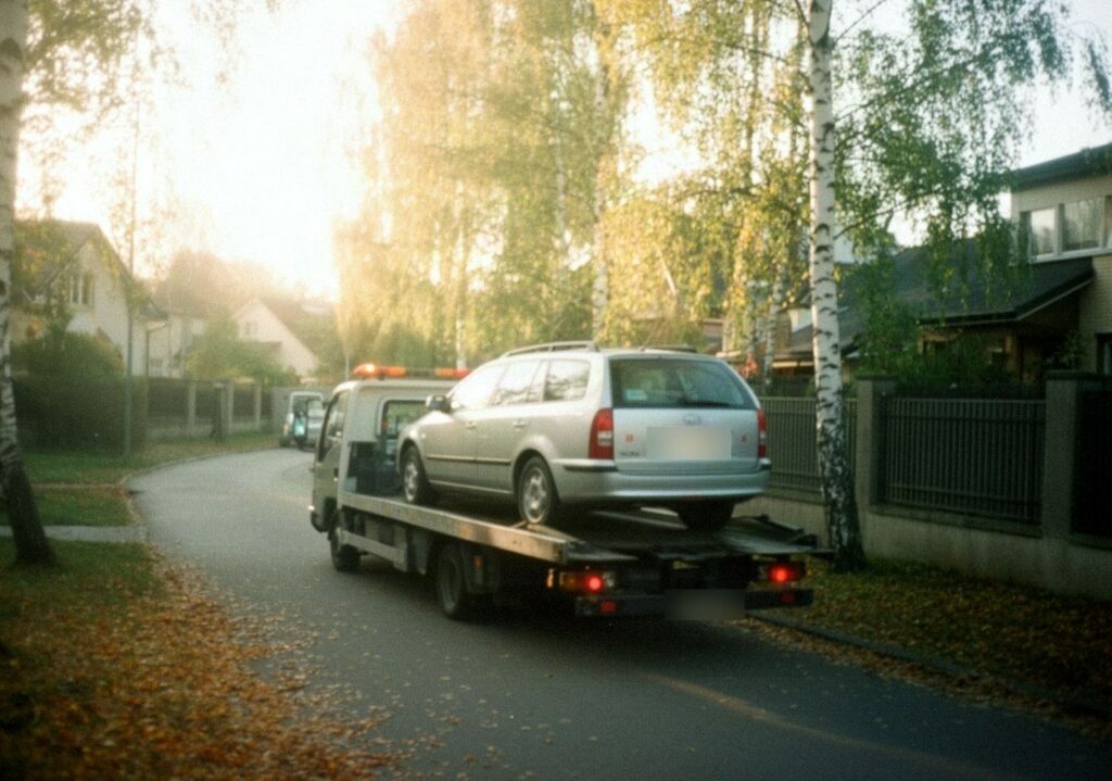 Srebrne kombi wjechane na lawetę na osiedlowej ulicy z domami jednorodzinnymi w słoneczne jesienne popołudnie