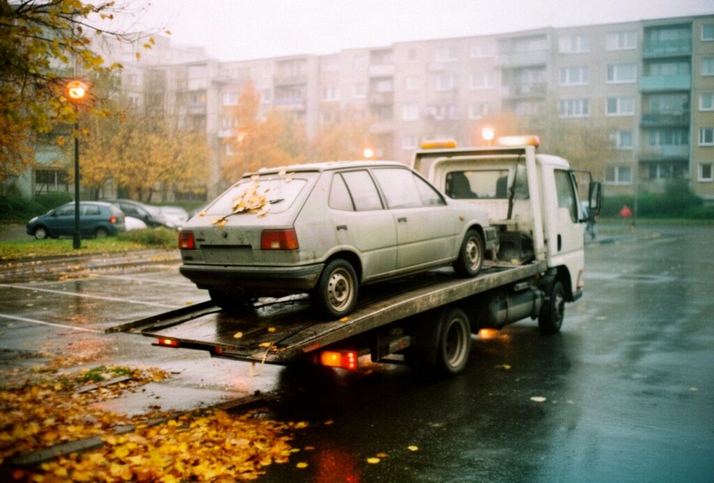 Stary hatchback na lawecie na osiedlowym parkingu jesienią, mokry asfalt i żółte liście
