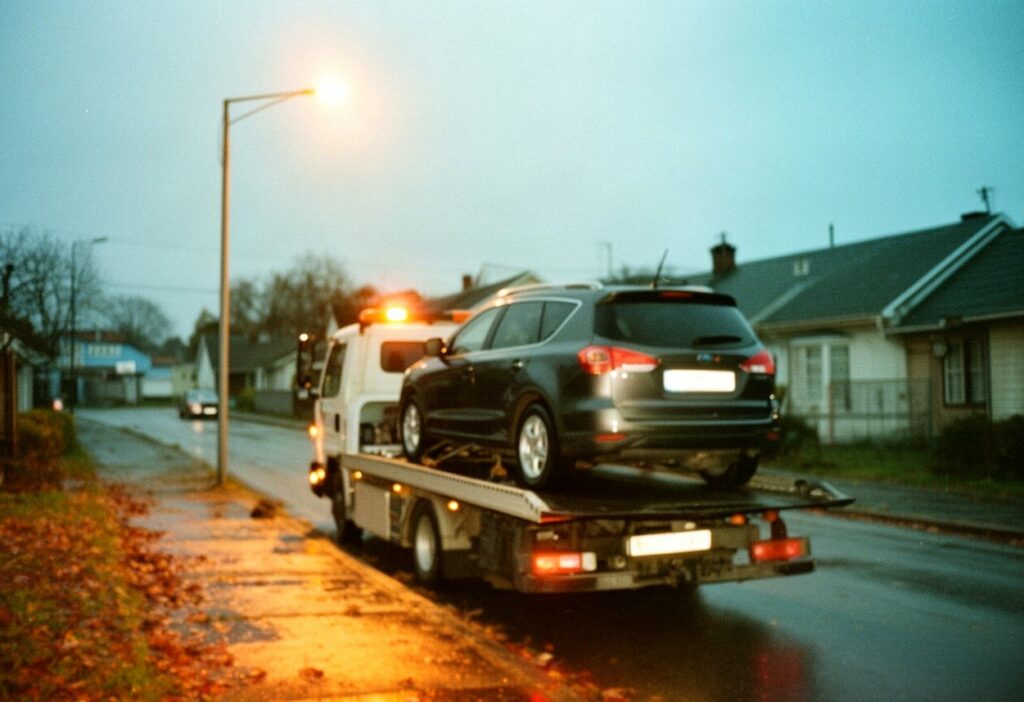 Ciemny SUV wciągnięty na lawetę wieczorem na mokrej ulicy osiedla domów jednorodzinnych