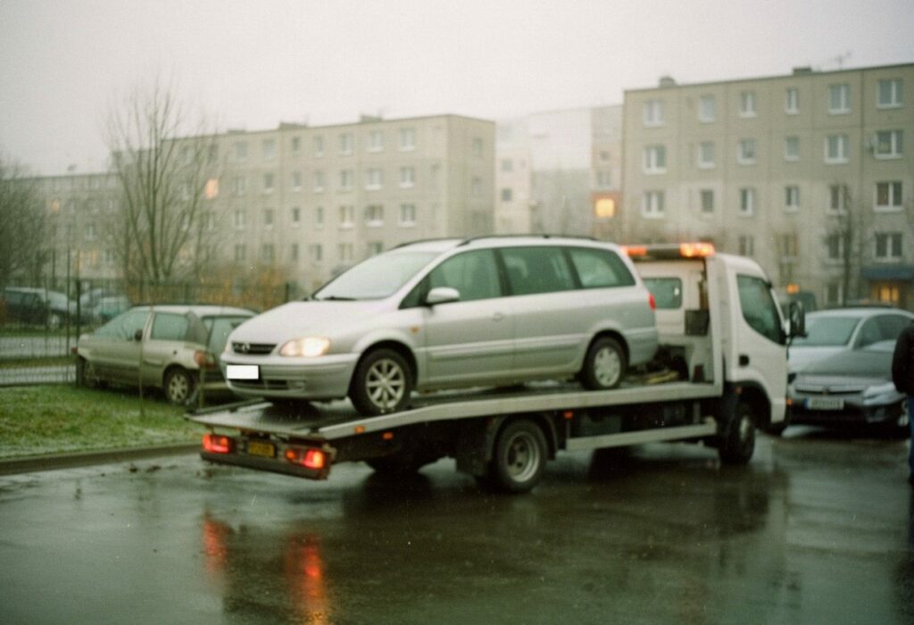 Srebrny minivan na lawecie na parkingu osiedla z blokami w pochmurny, deszczowy dzień