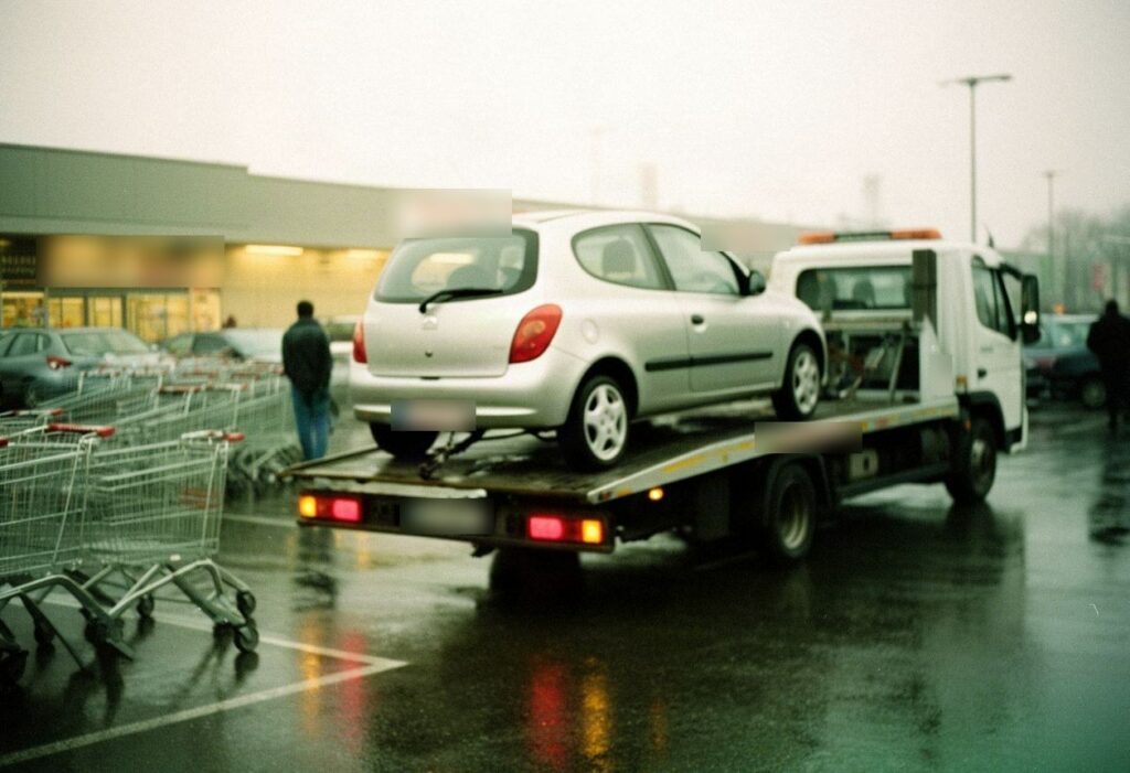 Srebrny kompakt wciągnięty na lawetę na parkingu przy markecie w deszczowe popołudnie