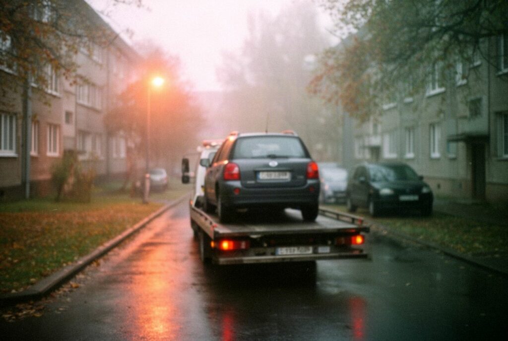 Ciemny SUV na lawecie pod latarnią na osiedlowej ulicy w mglisty jesienny wieczór