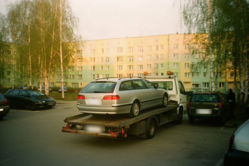 Srebrne kombi na lawecie na parkingu osiedla z blokami w słoneczne popołudnie
