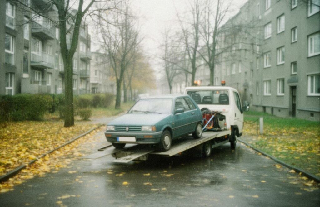 Stary miejski hatchback załadowany na lawetę na mokrej osiedlowej ulicy jesienią