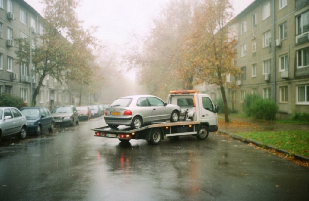 Srebrny hatchback na lawecie na mokrej osiedlowej ulicy wczesnym rankiem